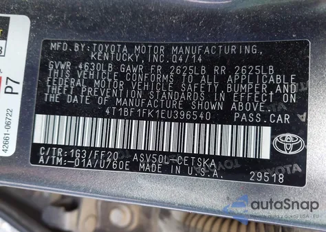 2014 Toyota Camry Se из США, поврежденный, VIN 4T1BF1FK1EU396540